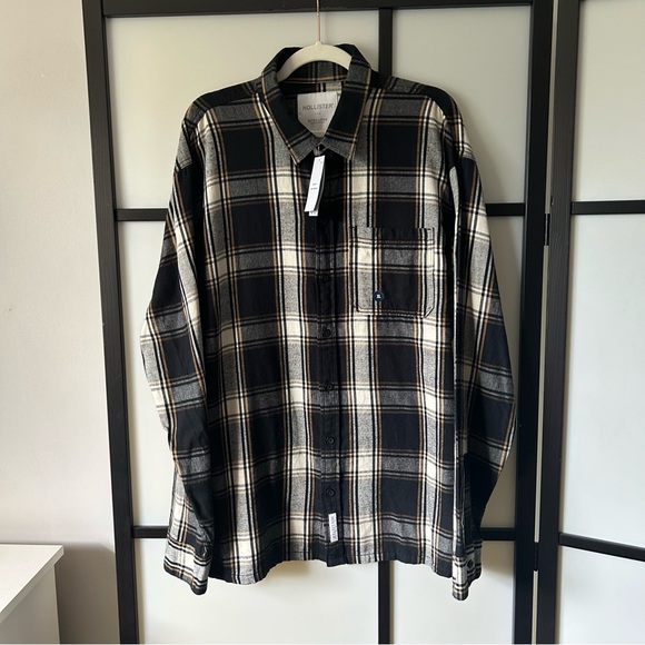 [XL] Hollister NWT Men's Classic Black and White Plaid Flannel Shirt Relaxed Fit - Picture 4 of 12